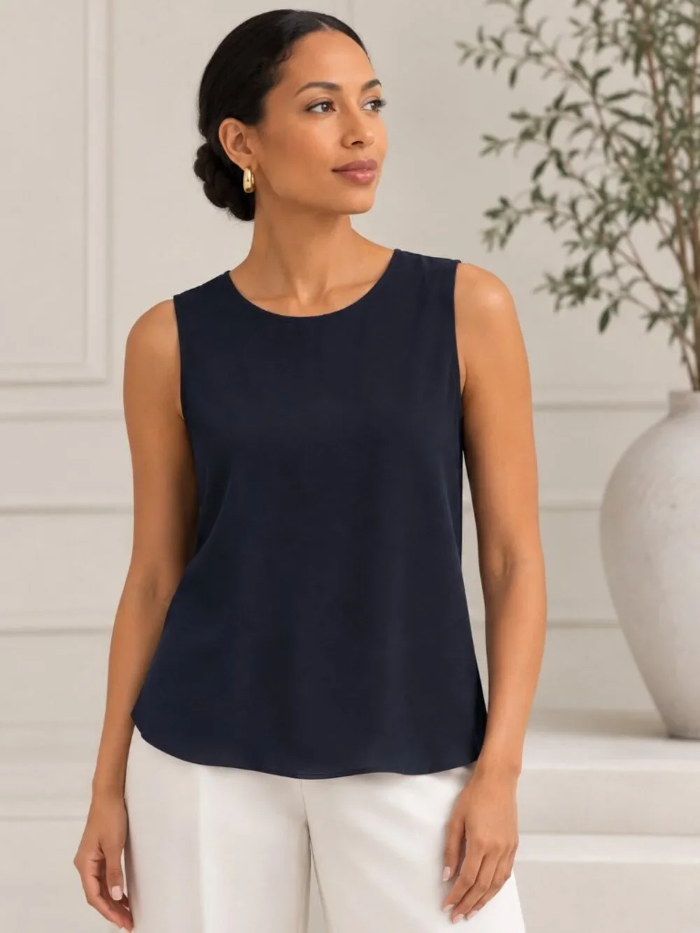CHANEL Navy Silk Sleeveless Blouse Gold CC Button Keyhole Back 40